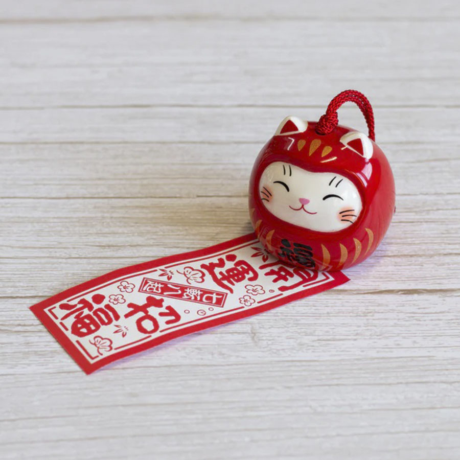 CAMPANA FURIN CERAMICA NEKO DARUMA GATO ROJO_