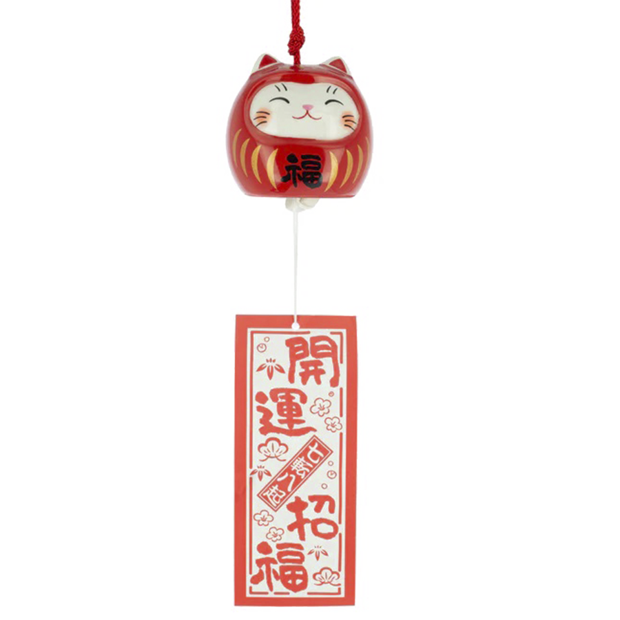 CAMPANA FURIN CERAMICA NEKO DARUMA GATO ROJO